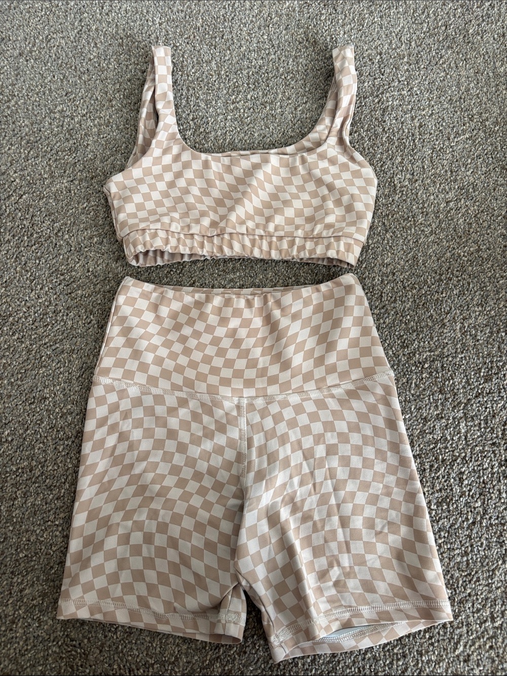 Checkerboard High-Waist Athletic Shorts - Beige